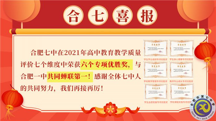 合肥七中在2021你那高中教學(xué)質(zhì)量評價(jià)中榮獲六個A專項(xiàng)優(yōu)勝獎，與合肥七中共同蟬聯(lián)第一！.jpg